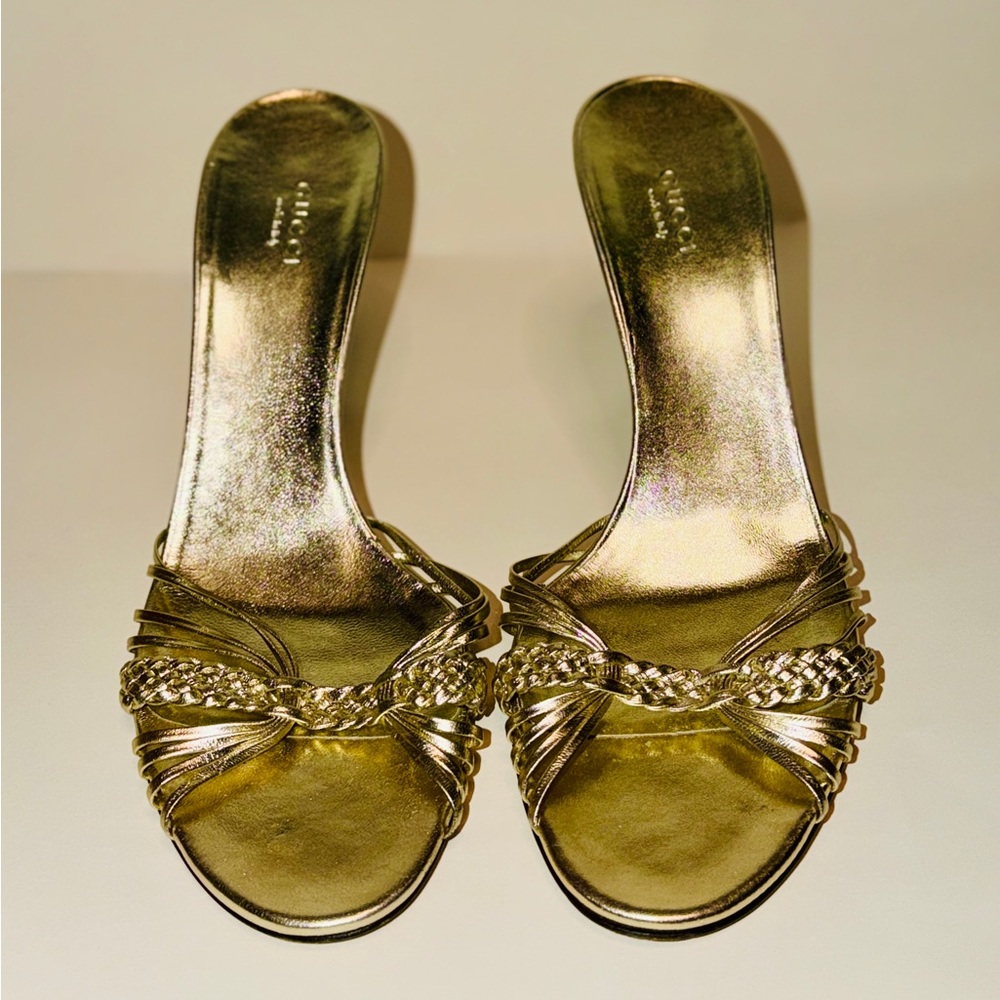 Gucci Metallic Gold Braided Strap Mule Heels Made in Italy w/ Box Size 9.5 - Picture 4 of 10